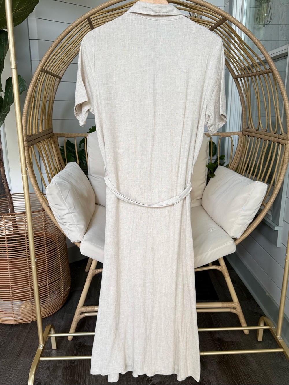 Beige Button-Front Dress with Tie Belt - Picture 3 of 7